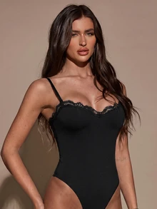 SHEIN BAE Women's Sexy Solid Color Lace Trim Camisole Bodysuit, Summer,Halloween - Black - View 6