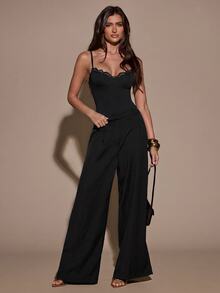 SHEIN BAE Women's Sexy Solid Color Lace Trim Camisole Bodysuit, Summer,Halloween - Black - View 4