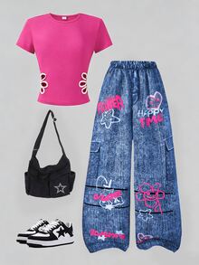 SHEIN Sparklyn Teen Girls 2pcs/Set Round Neck Teens' Comfortable Sports Hollow Floral Print Short Sleeve T-Shirt And Casual Pants Set, Summer, Outfit - Hot Pink - View 9