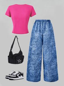 SHEIN Sparklyn Teen Girls 2pcs/Set Round Neck Teens' Comfortable Sports Hollow Floral Print Short Sleeve T-Shirt And Casual Pants Set, Summer, Outfit - Hot Pink - View 2