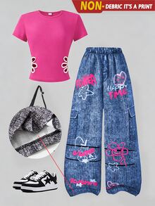 SHEIN Sparklyn Teen Girls 2pcs/Set Round Neck Teens' Comfortable Sports Hollow Floral Print Short Sleeve T-Shirt And Casual Pants Set, Summer, Outfit - Hot Pink - View 1