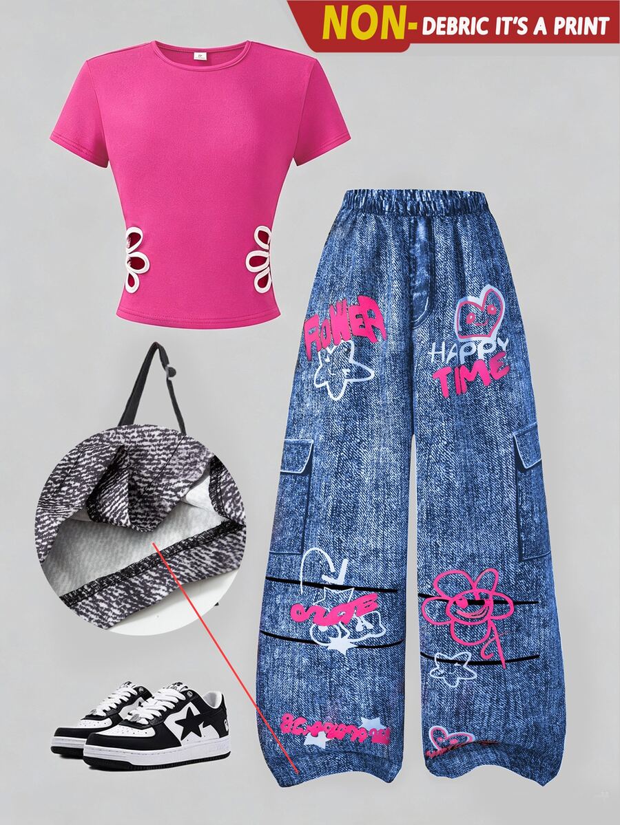 SHEIN Sparklyn Teen Girls 2pcs/Set Round Neck Teens' Comfortable Sports Hollow Floral Print Short Sleeve T-Shirt And Casual Pants Set, Summer, Outfit - Hot Pink - View 1