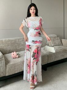 Modelyn White Mesh Floral Print Pleated Elegant Long Dress For Women, Wedding And Vacation - White - View 8