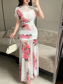 Modelyn White Mesh Floral Print Pleated Elegant Long Dress For Women, Wedding And Vacation - White - View 7