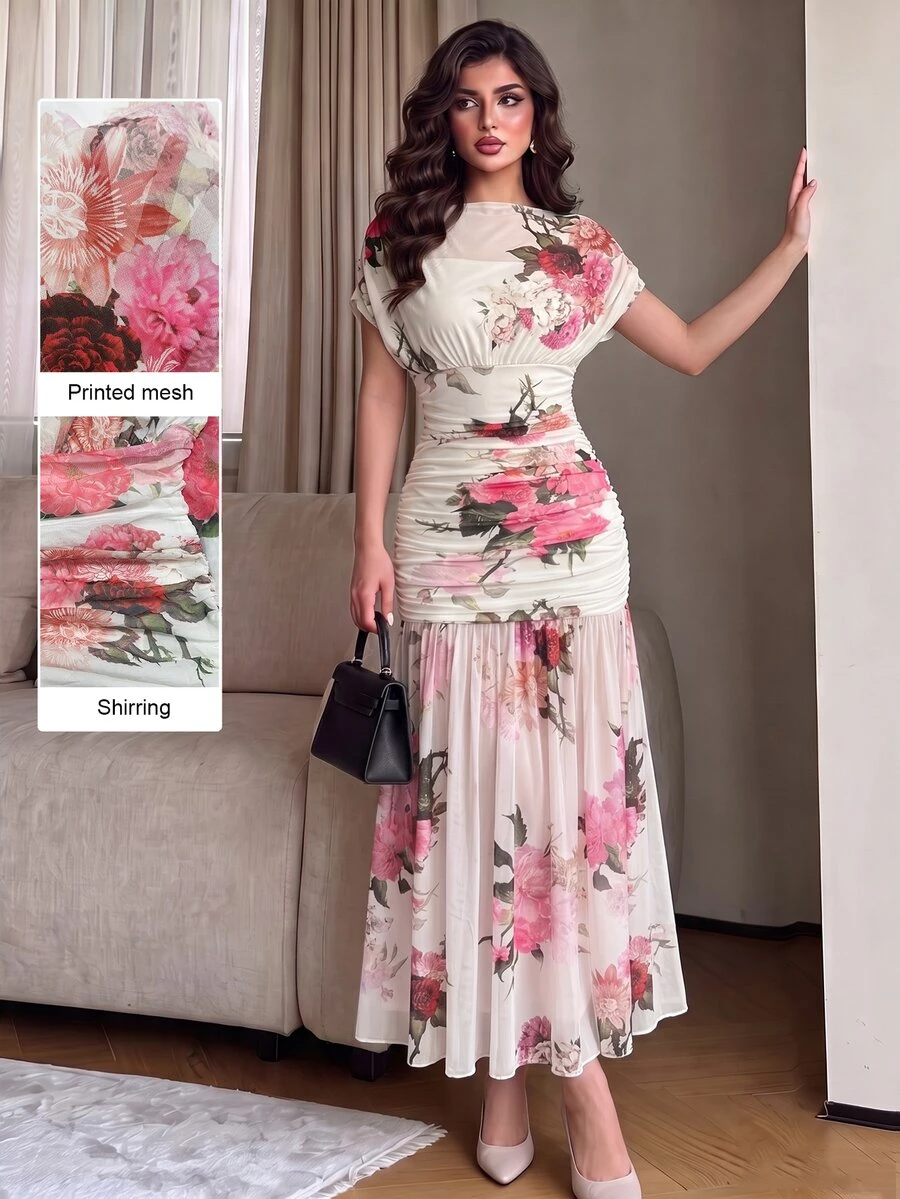 Modelyn White Mesh Floral Print Pleated Elegant Long Dress For Women, Wedding And Vacation