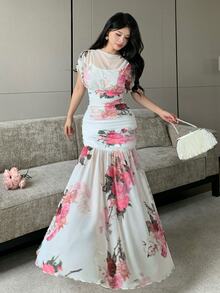 Modelyn White Mesh Floral Print Pleated Elegant Long Dress For Women, Wedding And Vacation - White - View 5