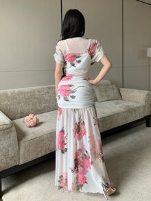 Modelyn White Mesh Floral Print Pleated Elegant Long Dress For Women, Wedding And Vacation - White - View 3
