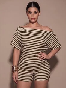 SHEIN BAE CURVE 大尺碼女款米色不對稱領無袖上衣迷你短褲2件套 度假夏季性感 - 咖啡棕 - 查看 5