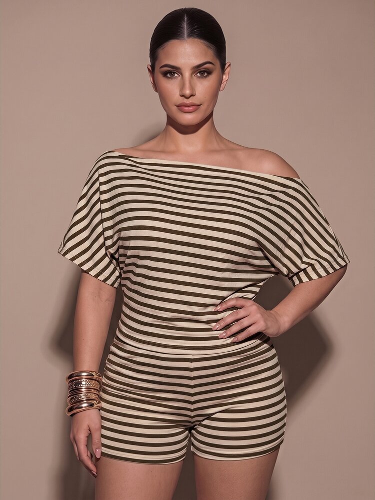 SHEIN BAE CURVE Plus Size Women Beige Asymmetric Neck Sleeveless Top Mini Shorts 2pcs Set Vacation Summer Sexy - Coffee Brown - View 5