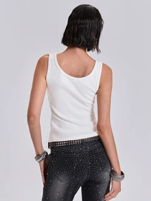 ACID BLVD Y2K Punk Swag Print Rivet Decor Ribbed Fitted Cropped Tank Top 95% Cotton - White - View 6