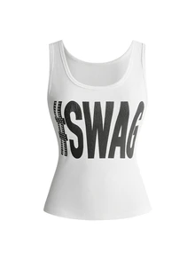 ACID BLVD Y2K Punk Swag Print Rivet Decor Ribbed Fitted Cropped Tank Top 95% Cotton - White - View 2