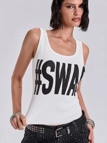 ACID BLVD Y2K Punk Swag Print Rivet Decor Ribbed Fitted Cropped Tank Top 95% Cotton - White - View 4
