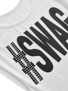 ACID BLVD Y2K Punk Swag Print Rivet Decor Ribbed Fitted Cropped Tank Top 95% Cotton - White - View 3