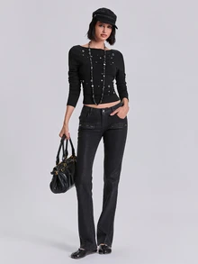 ACID BLVD Women's Autumn Fashion Metal Eyelet Decor Top - Black - View 3