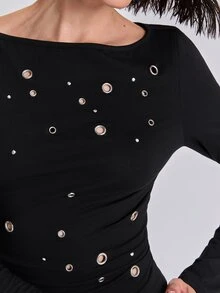 ACID BLVD Women's Autumn Fashion Metal Eyelet Decor Top - Black - View 2