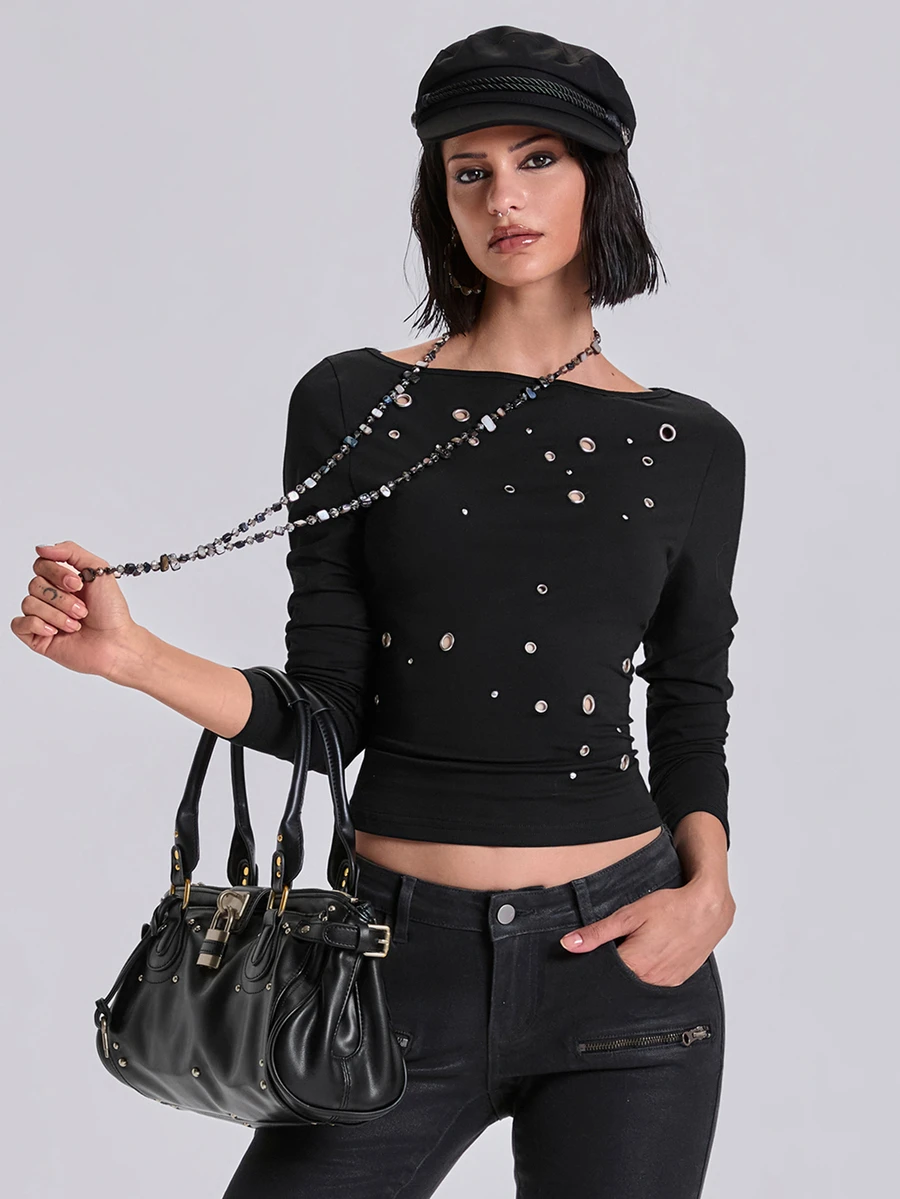 ACID BLVD Women's Autumn Fashion Metal Eyelet Decor Top - Black - View 1