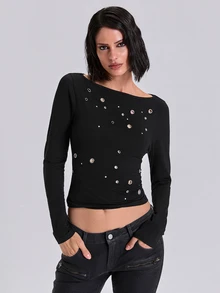 ACID BLVD Women's Autumn Fashion Metal Eyelet Decor Top - Black - View 4