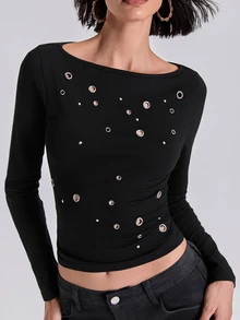 ACID BLVD Women's Autumn Fashion Metal Eyelet Decor Top - Black - View 6