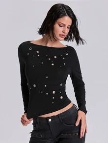 ACID BLVD Women's Autumn Fashion Metal Eyelet Decor Top - Black - View 7