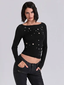 ACID BLVD Women's Autumn Fashion Metal Eyelet Decor Top - Black - View 8