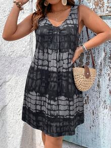 SHEIN LUNE Plus Size Women's Summer Asymmetrical Line Gradient Print Sleeveless Dress, Plus Size A-Line Silhouette, Vacation/Holiday Dress - Multicolor - View 5
