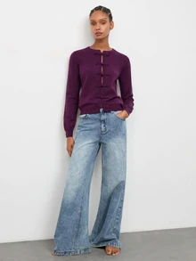 Maija Women's Solid Color Long Sleeve Casual Frog Button Front Cardigan - Purple - View 2