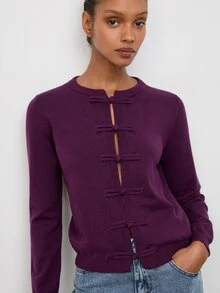 Maija Women's Solid Color Long Sleeve Casual Frog Button Front Cardigan - Purple - View 4