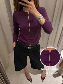 Maija Women's Solid Color Long Sleeve Casual Frog Button Front Cardigan - Purple - View 7