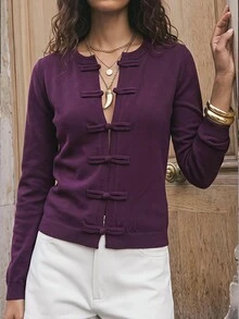 Maija Women's Solid Color Long Sleeve Casual Frog Button Front Cardigan - Purple - View 1