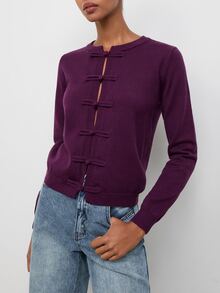 Maija Women's Solid Color Long Sleeve Casual Frog Button Front Cardigan - Purple - View 5
