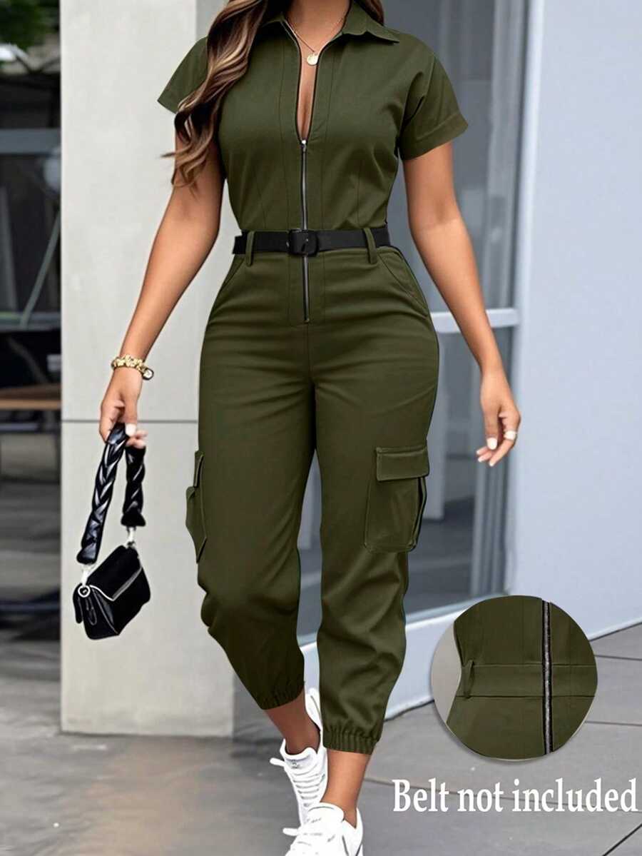 Xyvia Women's Casual Shirt Collar Short Sleeve Decorated Pocket Cargo Pants With Drawstring Hem And Zipper, Solid Color Jumpsuit, Spring/Summer - Army Green - View 1
