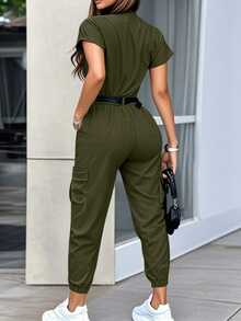 Xyvia Women's Casual Shirt Collar Short Sleeve Decorated Pocket Cargo Pants With Drawstring Hem And Zipper, Solid Color Jumpsuit, Spring/Summer - Army Green - View 2