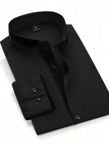Manfinity Mode Manfinity Men's Black Twill Fabric Long‑Sleeve Button‑Up Shirt With Mandarin Collar, Smart‑Casual Dress Shirt Fall Business Daily Wear, Formal - Black - View 4