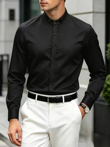 Manfinity Mode Manfinity Men's Black Twill Fabric Long‑Sleeve Button‑Up Shirt With Mandarin Collar, Smart‑Casual Dress Shirt Fall Business Daily Wear, Formal - Black - View 3