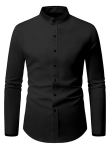 Manfinity Mode Manfinity Men's Black Twill Fabric Long‑Sleeve Button‑Up Shirt With Mandarin Collar, Smart‑Casual Dress Shirt Fall Business Daily Wear, Formal - Black - View 5
