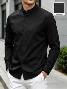 Manfinity Mode Manfinity Men's Black Twill Fabric Long‑Sleeve Button‑Up Shirt With Mandarin Collar, Smart‑Casual Dress Shirt Fall Business Daily Wear, Formal - Black - View 1