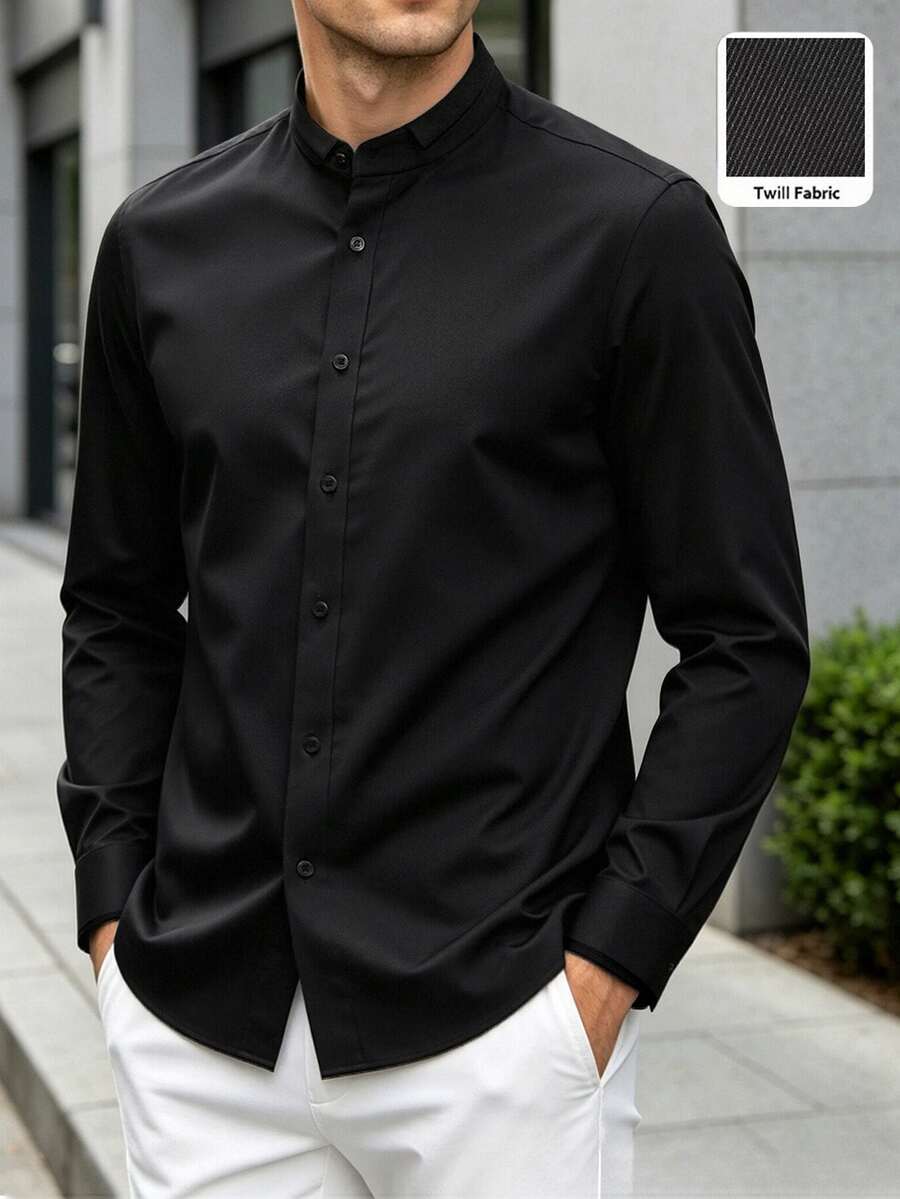 Manfinity Mode Manfinity Men's Black Twill Fabric Long‑Sleeve Button‑Up Shirt With Mandarin Collar, Smart‑Casual Dress Shirt Fall Business Daily Wear, Formal - Black - View 1