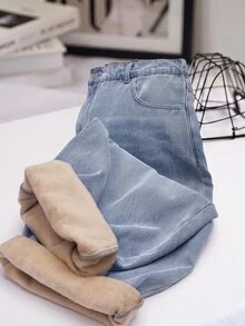 SHEIN MOD 女款大尺碼秋季休閒簡約常規版保暖內裡牛仔褲，淺藍色抓絨內裡，適合海灘度假、辦公穿著的基礎牛仔褲 - 中等水洗藍 - 查看 8