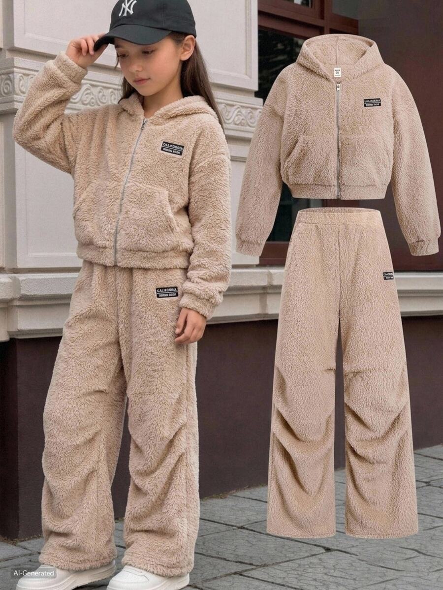 SHEIN Tween女孩休閒雙面抓絨寬鬆落肩連帽衛衣外套 + 抓絨慢跑長褲套裝,適合日常穿著、外出、上學,秋季/冬季/四季皆宜 - 卡其色 - 查看 1