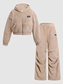 SHEIN Tween女孩休閒雙面抓絨寬鬆落肩連帽衛衣外套 + 抓絨慢跑長褲套裝，適合日常穿著、外出、上學，秋季/冬季/四季皆宜 - 卡其色 - 查看 4