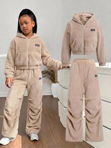 SHEIN Tween女孩休閒雙面抓絨寬鬆落肩連帽衛衣外套 + 抓絨慢跑長褲套裝，適合日常穿著、外出、上學，秋季/冬季/四季皆宜 - 卡其色 - 查看 3