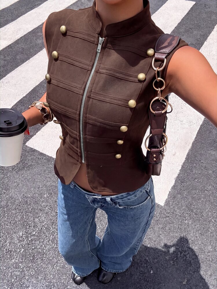 Muchica Brown Suede Women's Zipper Front Vest Jacket - Brown - View 4