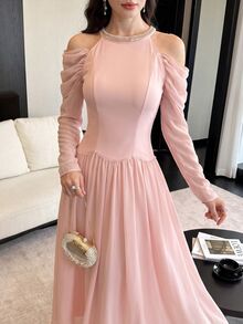 Modelyn 優雅浪漫露肩長袖掛脖女款洋裝,秋季荷葉邊百褶裙,灰粉色,婚禮正式場合新娘母親禮服 - 粉色 - 查看 5