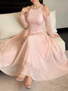 Modelyn 優雅浪漫露肩長袖掛脖女款洋裝,秋季荷葉邊百褶裙,灰粉色,婚禮正式場合新娘母親禮服 - 粉色 - 查看 10