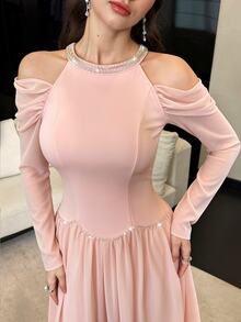 Modelyn 優雅浪漫露肩長袖掛脖女款洋裝,秋季荷葉邊百褶裙,灰粉色,婚禮正式場合新娘母親禮服 - 粉色 - 查看 9