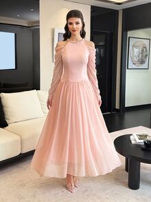 Modelyn 優雅浪漫露肩長袖掛脖女款洋裝,秋季荷葉邊百褶裙,灰粉色,婚禮正式場合新娘母親禮服 - 粉色 - 查看 6