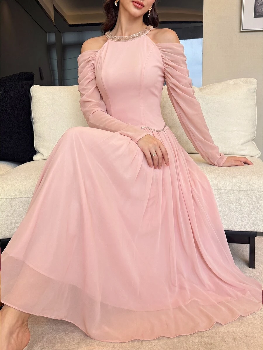 Modelyn 優雅浪漫露肩長袖掛脖女款洋裝，秋季荷葉邊百褶裙，灰粉色，婚禮正式場合新娘母親禮服