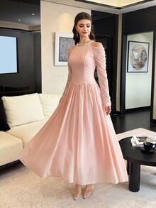 Modelyn 優雅浪漫露肩長袖掛脖女款洋裝,秋季荷葉邊百褶裙,灰粉色,婚禮正式場合新娘母親禮服 - 粉色 - 查看 4