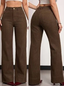 SHEIN Tall 女款休閒百搭日常牛仔長褲，附口袋與鈕扣 - 棕色 - 查看 1