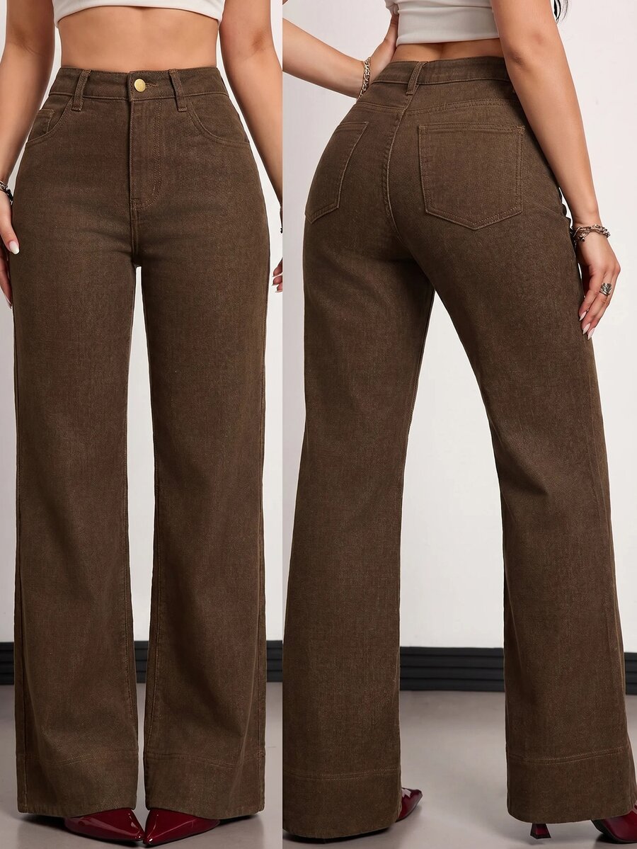 SHEIN Tall 女款休閒百搭日常牛仔長褲,附口袋與鈕扣 - 棕色 - 查看 1